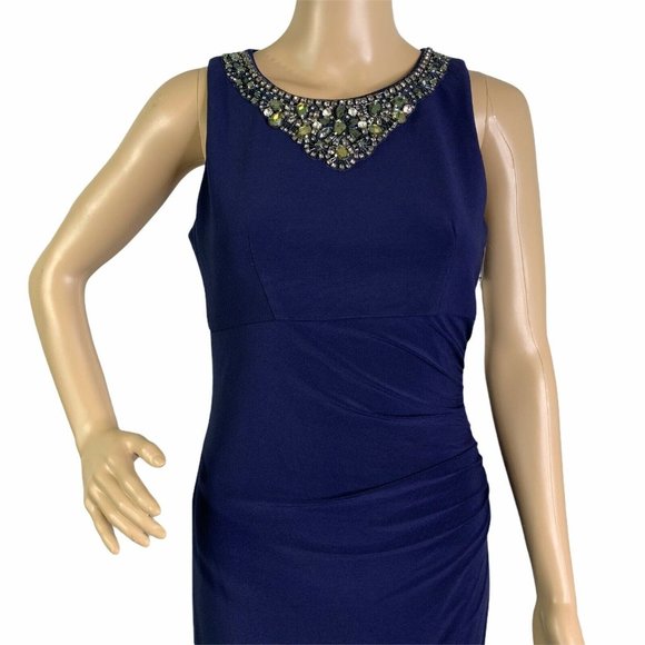 Eliza J Navy Embellished Neckline Ruched Gown - Picture 2 of 12